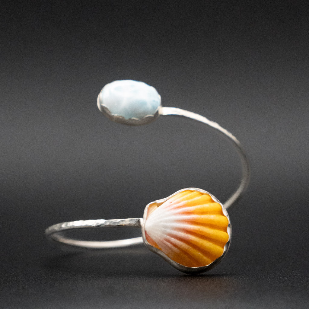 Sunrise Shell and Larimar ByPass Cuff | Hammered Sterling Silver | Up to 7" Wrist