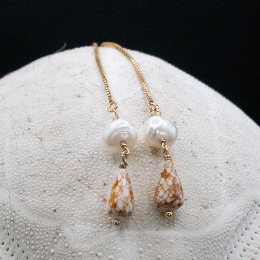 Hawaiian Penniform Cone Shell Thread Dangle Earrings with Pearls | Gold Filled