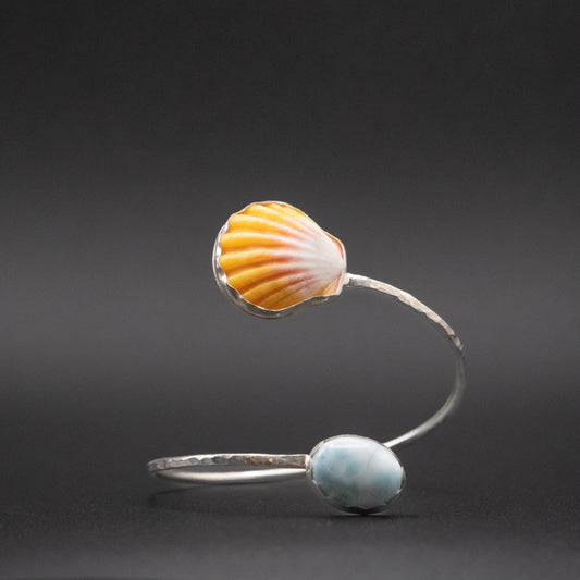 Sunrise Shell and Larimar ByPass Cuff | Hammered Sterling Silver | Up to 7" Wrist