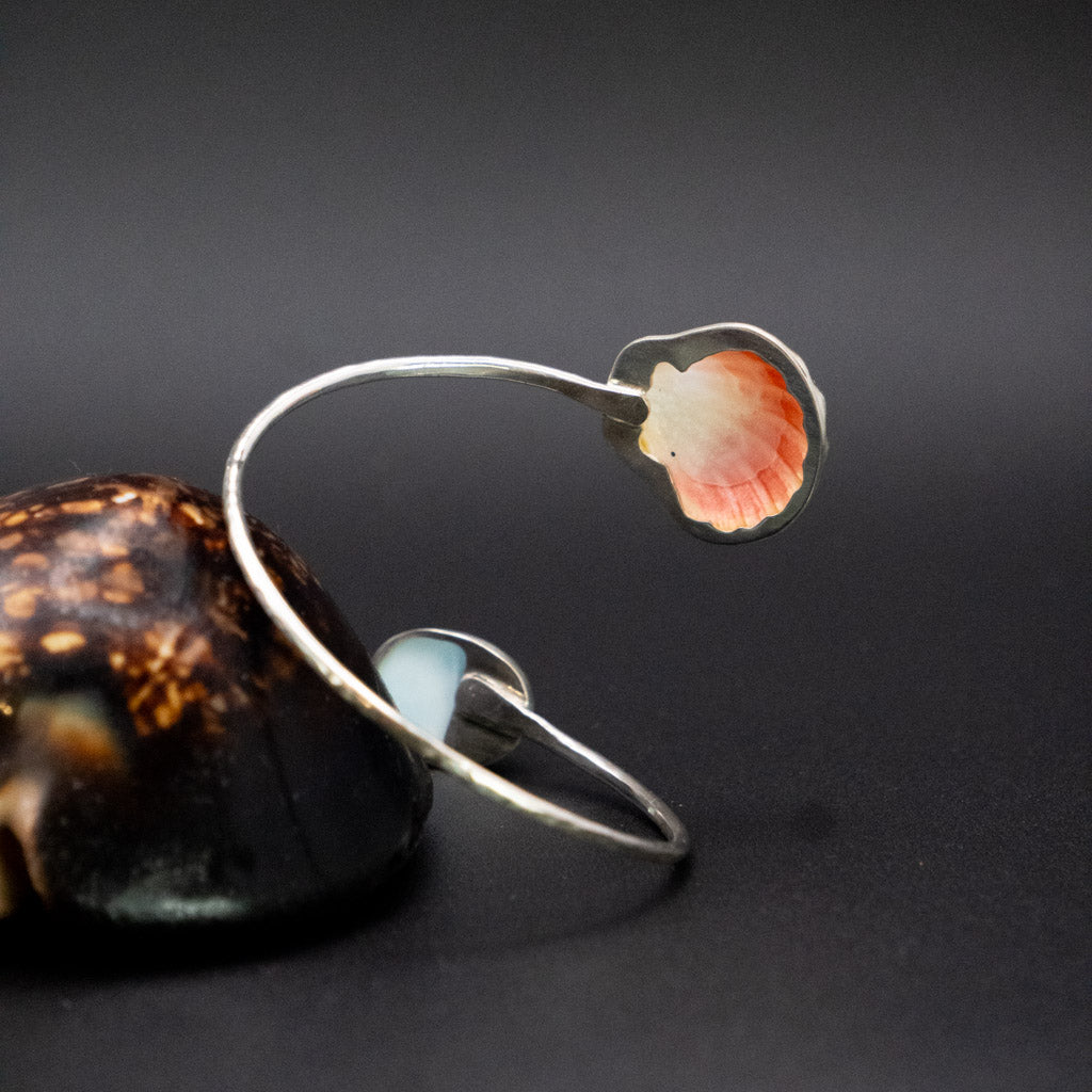Sunrise Shell and Larimar ByPass Cuff | Hammered Sterling Silver | Up to 7" Wrist