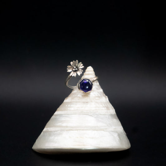 Handmade Amethyst Flower Ring | Hammered Sterling Silver Bypass Ring | Size 6